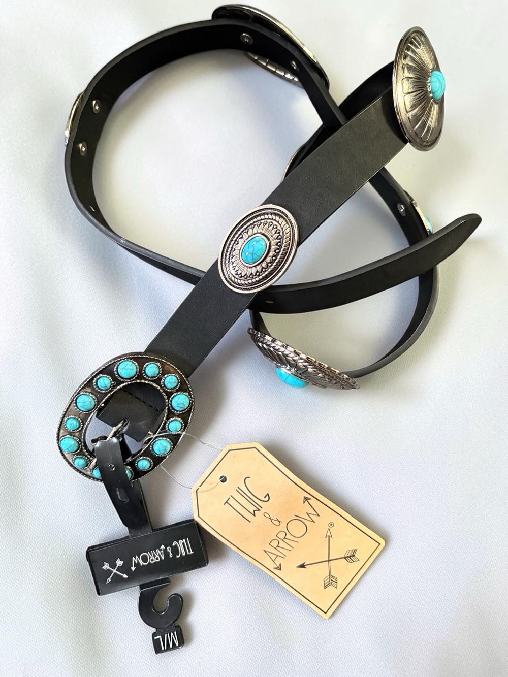 NWT Twig & Arrow Western Concho Style Black Belt Turquoise & Silver Accents M/L